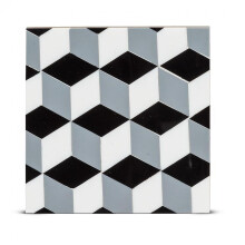 Juego de 4 posavasos sin marca con diseño de mosaico en negro, blanco y gris.