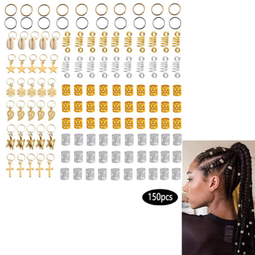 Conjunto de 150 peças de joias para tranças e dreadlocks.