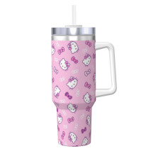 Personalisierbarer Hello Kitty-Trinkbecher (1,2 l) mit Henkel und Strohhalm – Edelstahl-Reisebecher mit Deckel – Individuelle Designs möglich