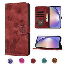 Capa carteira com estampa de borboleta e gato em relevo, compatível com Samsung Galaxy S21FE5G, com compartimentos para cartões e suporte, na cor