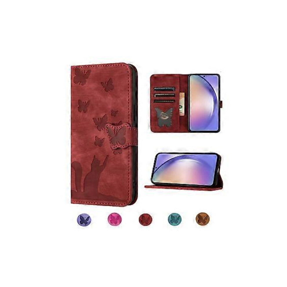 Compatible With Samsung Galaxy S21 Fe 5G Embossed Butterfly Cat Wallet Case With Card Slots Stand Case Red 9448196107096