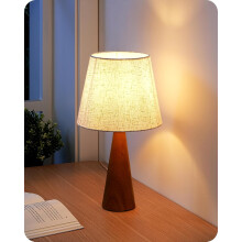 13.58" Wooden Table Lamp with Beige Linen Shade, E26 Nightstand Lamp for Bedroom Nursery, ON/OFF Button, Dark Rosewood Base