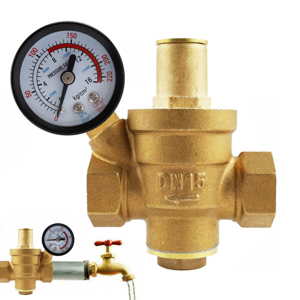 Dn15 Brass Water Pressure Regulator Npt 1/2" Adjustable Reducer W/ Gauge Meter 9423501575432