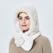 Winterse warme bontmuts met oorklappen voor dames, dikke muts met capuchon, winddicht, zachte en pluizige muts in Russische stijl, wit.