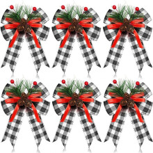 12PCS Christmas Black White Bow with Pine Cones Needles Xmas Checkered Ribbon Tree Decoration Bows