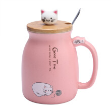 Różowy, uroczy kubek z kotem - zabawny ceramiczny kubek z pokrywką i łyżeczką w kształcie kotka, 420 ml, nadaje się do kawy, herbaty, mleka,