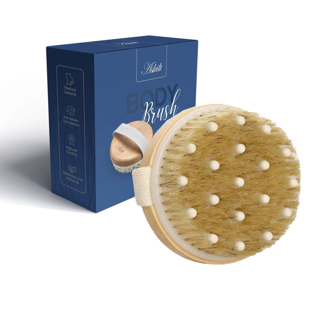 Dry Body Brush with Natural Bristles and Massage Nodes for Gentle Exfoliation Wet or Dry Use