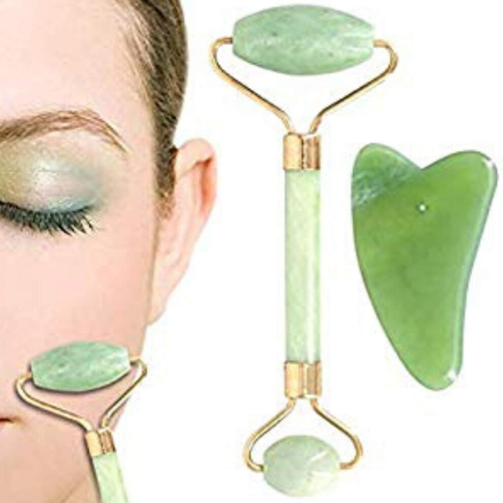Jade Roller and Gua Sha Set for Face Massage, Reduce Puffiness, Facial Contouring, Natural Jade Tools