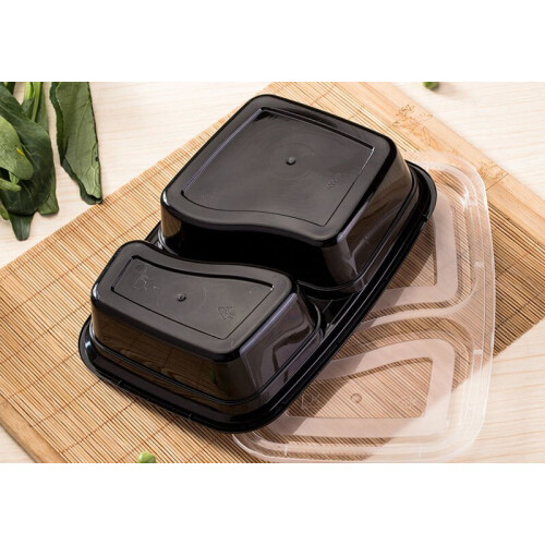 VeZee 30 Oz Black Rectangular 2-Compartment Plastic Meal Prep Containers with Clear Dome Lids, BPA Free, Stackable, Microwave/Dishwasher/Freezer 2