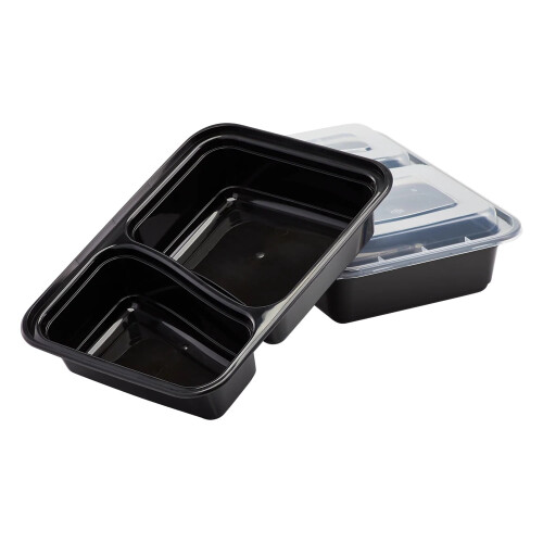 VeZee 30 Oz Black Rectangular 2-Compartment Plastic Meal Prep Containers with Clear Dome Lids, BPA Free, Stackable, Microwave/Dishwasher/Freezer 1