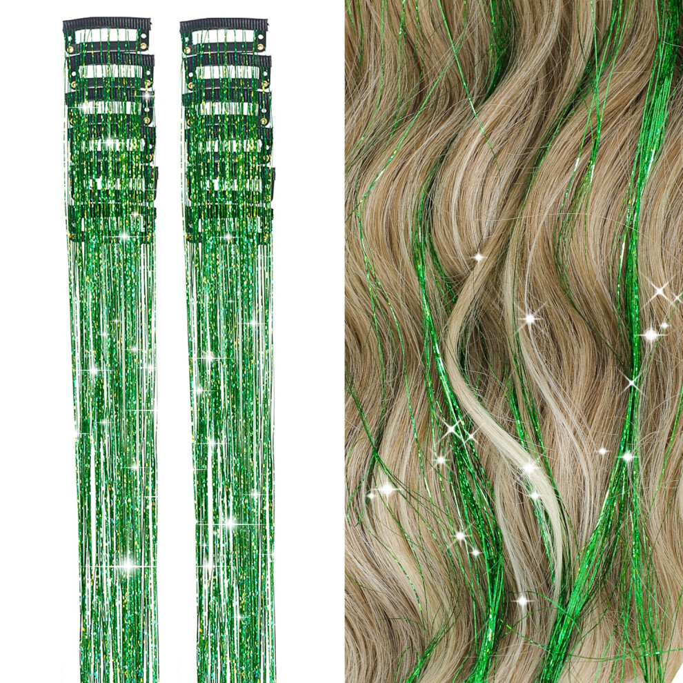 Unisex Green 12Pcs Heat Resistant Clip In Hair Tinsel Extensions Glitter Strands For Women Girls Kids