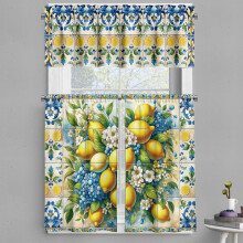 Tacar 3 phíosa Valáin agus Cuirtíní Meánmhara Ambesonne, Mósáic Clasaiceach Lemons, 55"x30", Gorm Buí agus Glas