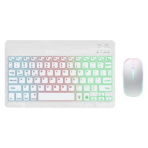 Kit com teclado e mouse sem fio de 10 polegadas com retroiluminação RGB, recarregável e Bluetooth, branco.