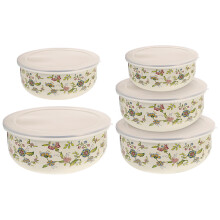 Conjunto de 5 Tigelas Esmaltadas para Cozinha com Tampas, Recipiente Metálico para Frutas, Prato de Armazenamento, Tigela Empilhável para Servir