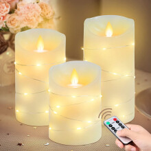 Conjunto de 3 velas sem chama com efeito de chama tremulante, controle remoto e temporizador. Velas a bateria com cordão de luzes LED para o outono.