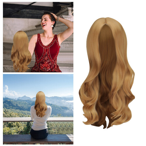 Peruca Tkrady feminina, cabelo castanho cacheado, risca média, cabelo castanho claro cacheado comprido, 60 cm (23,6 polegadas) 1