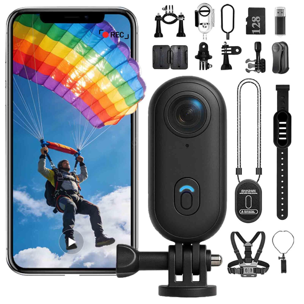 4K Ultrahd Wideangle Pov Action Camera With 360 Magnetic Mount, 128Gb Card, For Skiing Cycling Outdoors 9365369035348