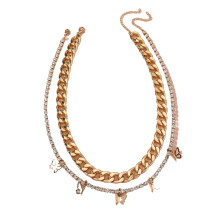 Schmuck im Streetwear- und Hip-Hop-Stil, dicke Kette mit Strasssteinen, Klauenkette, Schmetterlingsquaste, Doppelkette