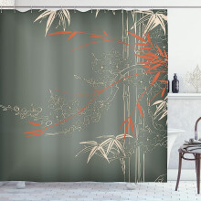 Cortina de ducha con estampado asiático, temática de naturaleza oriental con ramas y flores en flor, 182 x 182 cm, verde salvia, compatible con