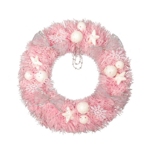 Guirlanda de Natal artificial rosa com bolas decorativas, 30 cm (11,8 polegadas), perfeita para árvore, porta, janela, parede e decoração de