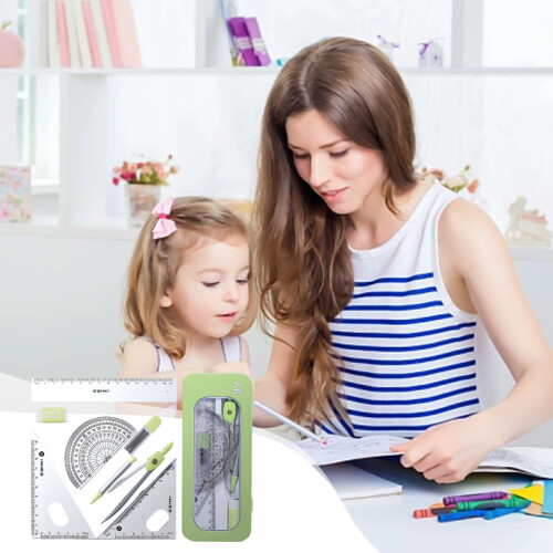 Math Geometry Kit 7-Piece Set with Shatterproof Box, Rulers, Protractor, Pencil, Refills, Eraser – Compatible with Engineering Drawings