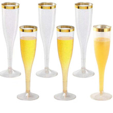 Vasos de café de vidrio Giyblacko con tapa y pajita, purpurina de plástico dorada para fiestas, 6.5 copas de champán desechables de plástico para