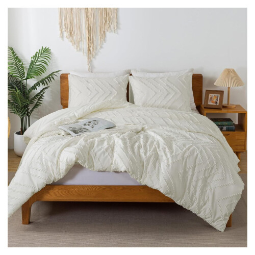 Σετ παπλώματος TiaGOC Ivory Queen Size, Σετ κλινοσκεπασμάτων Boho Tufted 3 τεμαχίων & Συλλογές, 1