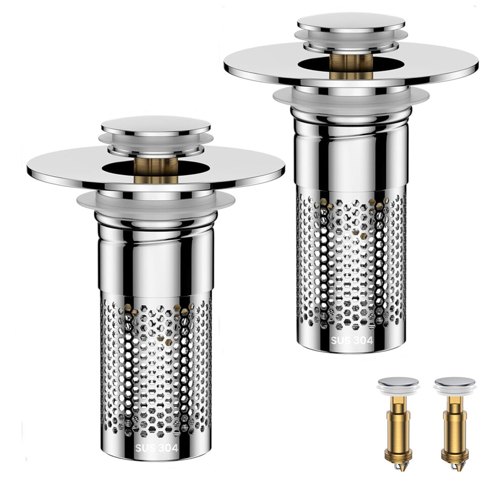 Bathroom Sink Stopper With Hair Catcher, Anticlog Stainless Steel Pop Up Drain, 2 Pack Silver 9365369036079