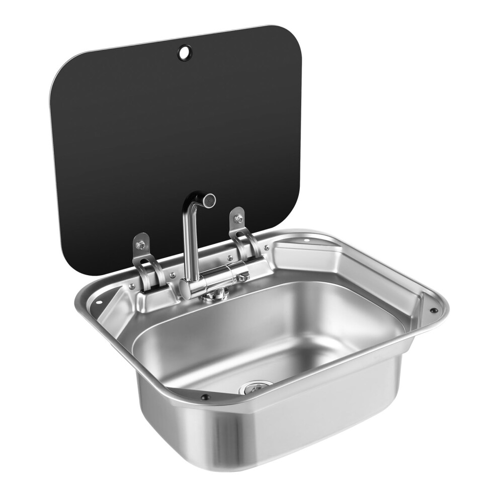 RV Stainless Steel Sink with Folding Faucet and Tempered Glass Lid for Caravan Camper Boat