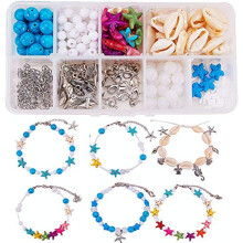 Kit DIY com 6 peças de tornozeleira com contas de conchas estilo boho, ajustável, com pingentes de estrela-do-mar, tartaruga marinha e turquesa.