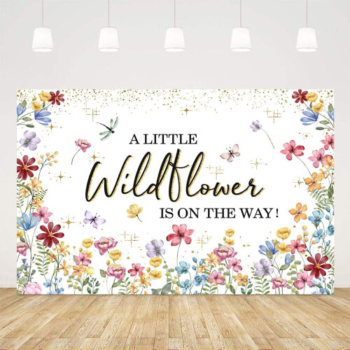 Φόντο για baby shower με αγριολούλουδα 5x3ft. Ένα μικρό αγριολούλουδο είναι καθ' οδόν.