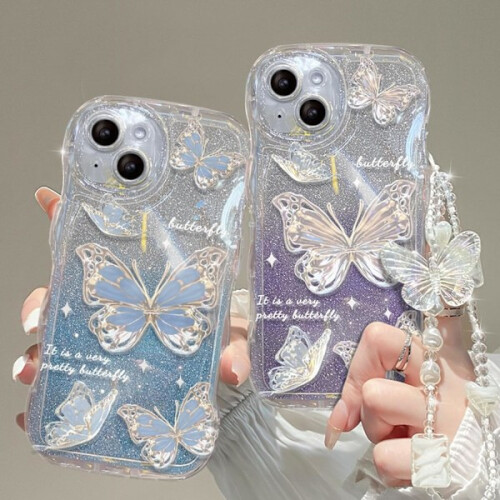 Compatível com iPhone, Capa protetora com glitter de borboleta fofa e pulseira para mulheres/meninas, roxa para iPhone 14 Plus. 1