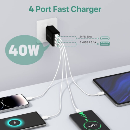 USB C-lader, 40W USB multihurtiglader, Flere USB-uttak USB-ladeadapter, USB-lader 1
