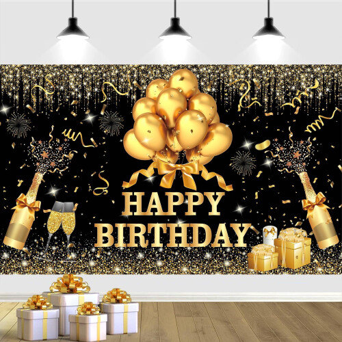 Painel de fundo para aniversário em tecido preto e dourado com glitter, 180x120cm (71x47 polegadas). Placa de aniversário preta e dourada com a