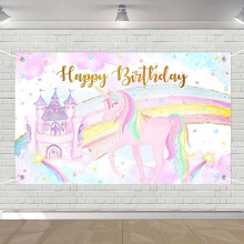 Painel de fundo para aniversário de unicórnio para menina, castelo arco-íris, fundo fotográfico de unicórnio, tema unicórnio, banner de feliz