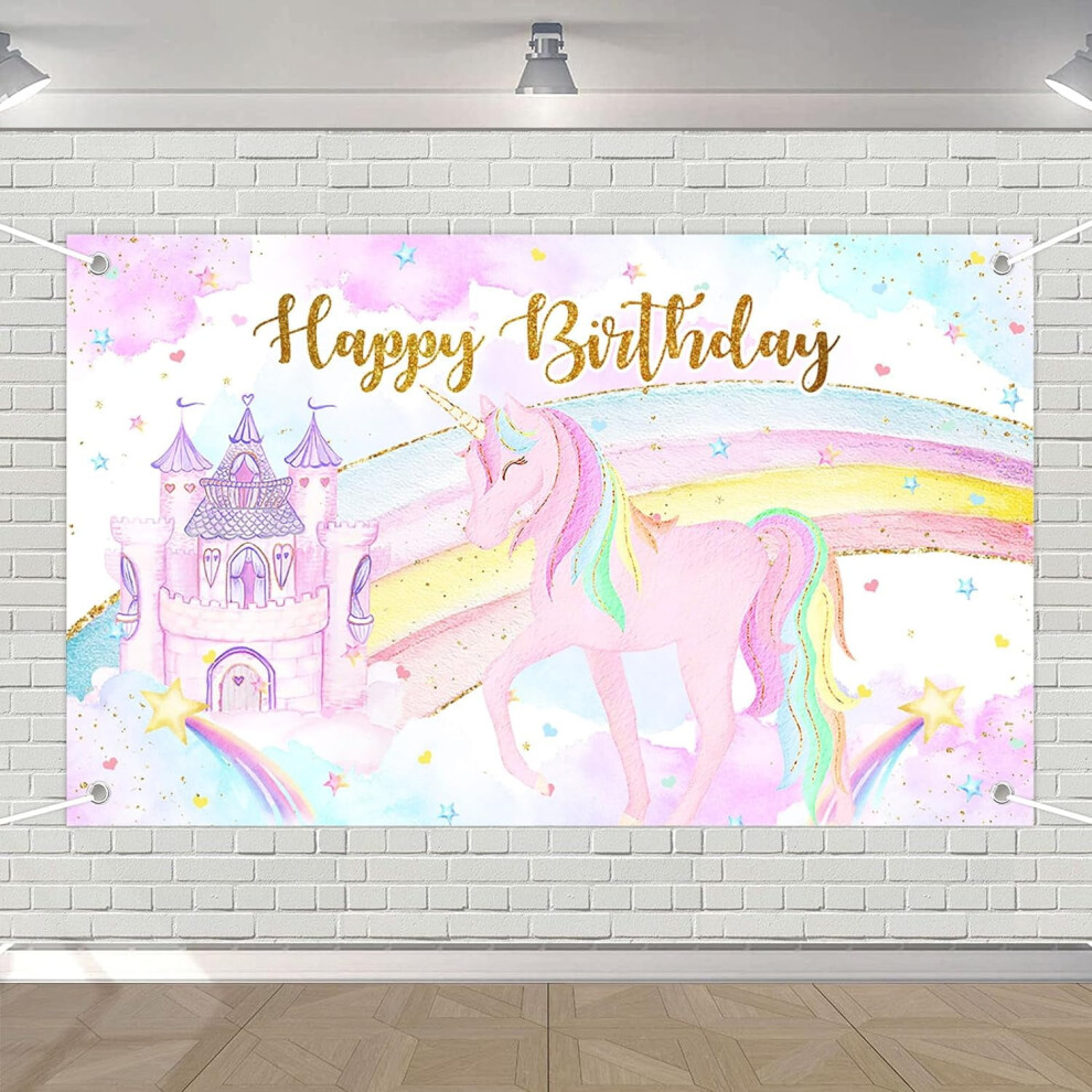 Unicorn Birthday Backdrop For Girl Rainbow Castle Unicorn Photography Background Unicorn Theme Happy Birthday Party Banner 70.8 X 43.3 Inch 9773935808836