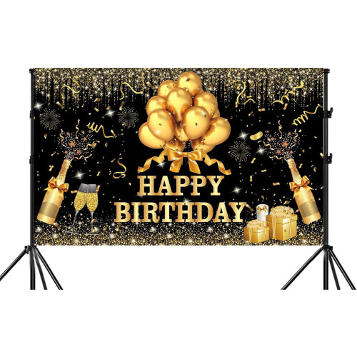 Painel de fundo para aniversário em tecido preto e dourado com glitter, 180x120cm (71x47 polegadas). Placa de aniversário preta e dourada com a 1