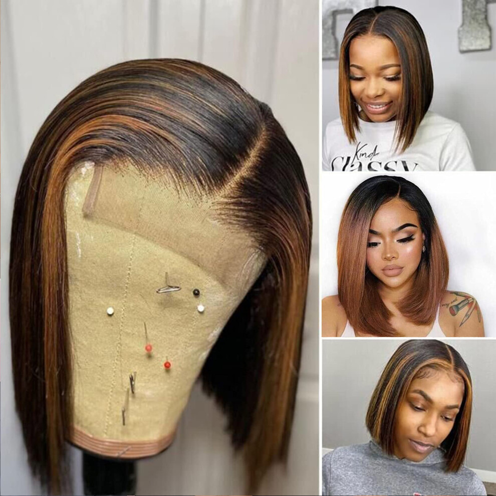 Unisex Black Highlight Ombre Blonde Brazilian Human Hair Lace Front Wig 13X4 Remy For Women 150% Density 10 Inch