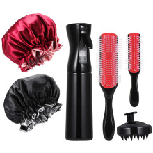AntiFrizz Sleep Bonnet and Hair Brush Set with Fine Mist Spray Bottle for Smooth Detangling