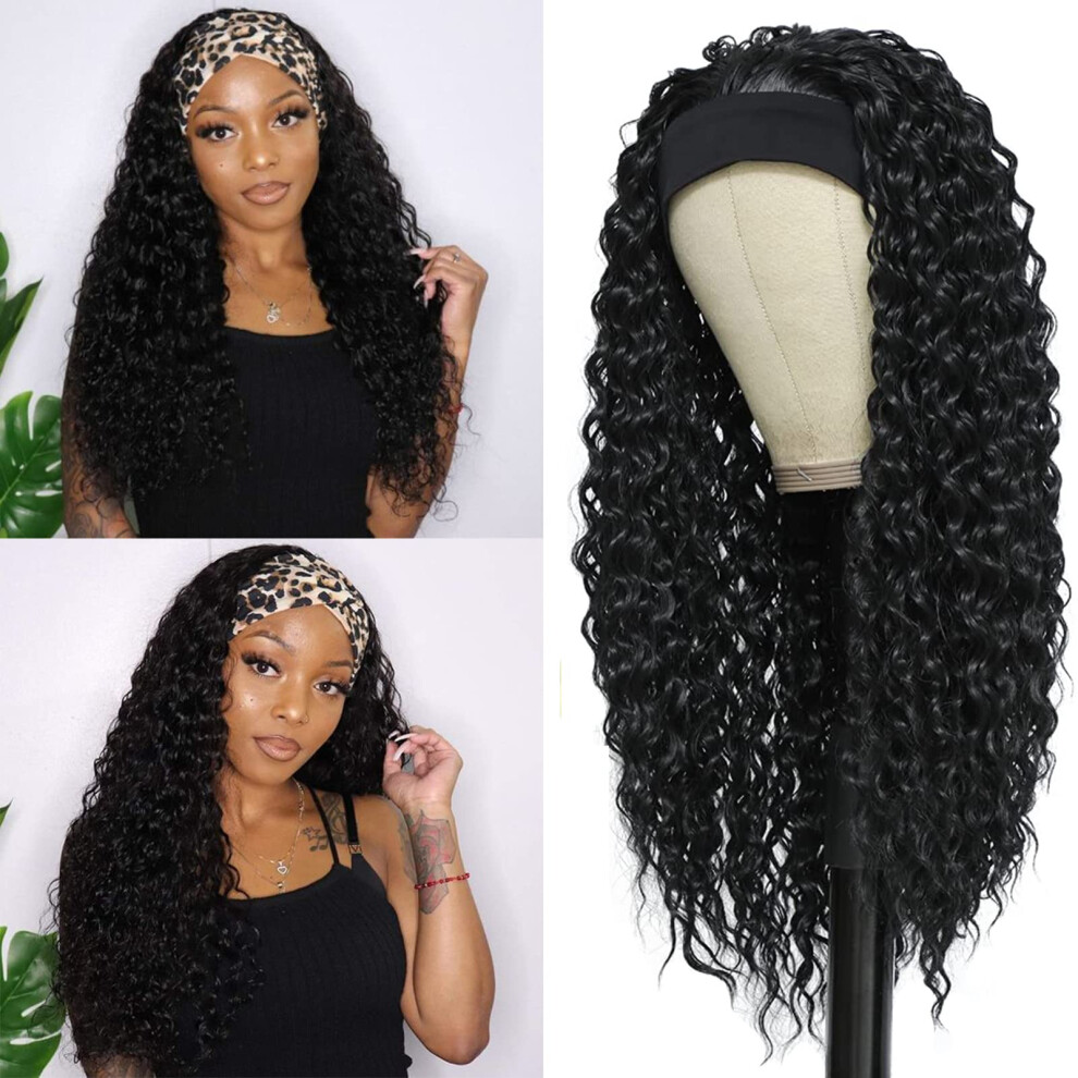 24 Inch Black Deep Wave Headband Wig for Black Women, HeatStylable Synthetic Hair