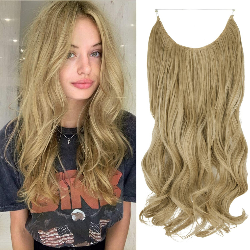 Unisex Light Invisible Wire Hair Extensions Ash Blonde And Bleach Blonde 20 Inch Curly Heat Resistant Hairpiece