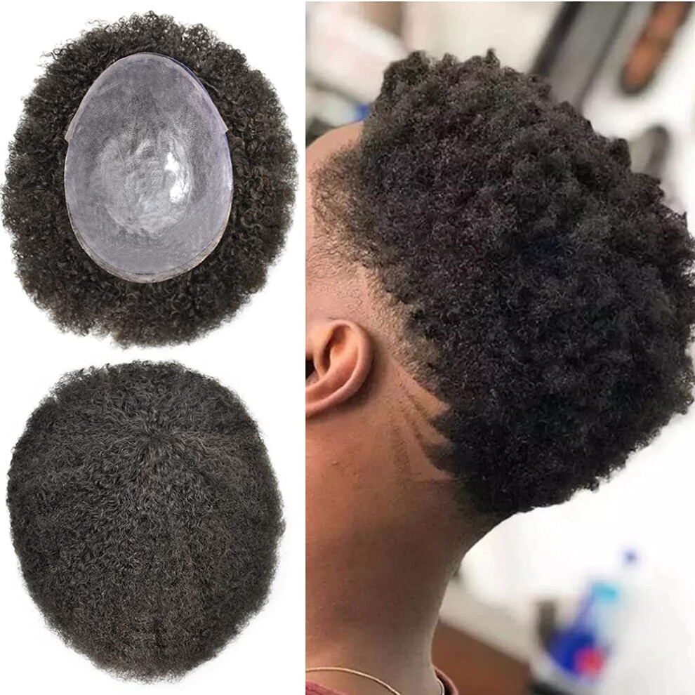 Unisex Afro Toupee Knotless Hairline 6Mm Wave Human Hair Wig With Thin Pu Base For Men
