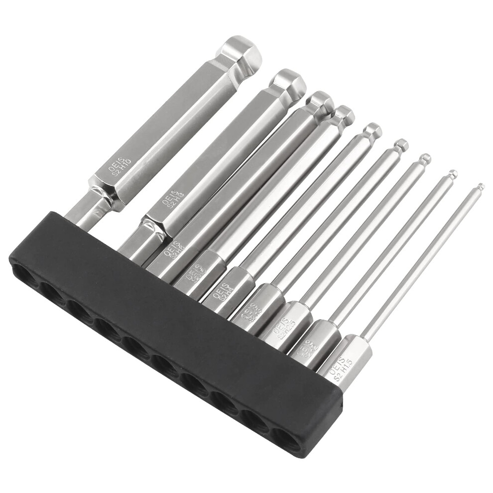 9Pcs 75Mm Magnetic Ball End Hex Screwdriver Bit Set, S2 Steel, 1/4 Inch Hex Shank, 1.510Mm Sizes 9365369039582