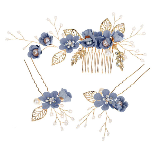 Pettine per capelli da sposa Tkrady con fiore blu e rosa e perle, accessorio per capelli da sposa e damigelle.