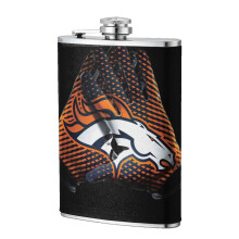 Petaca Broncos Flagon de 237 ml (8 oz), acero inoxidable apto para uso alimentario y cuero, ideal para deportes al aire libre, acampada y como regalo