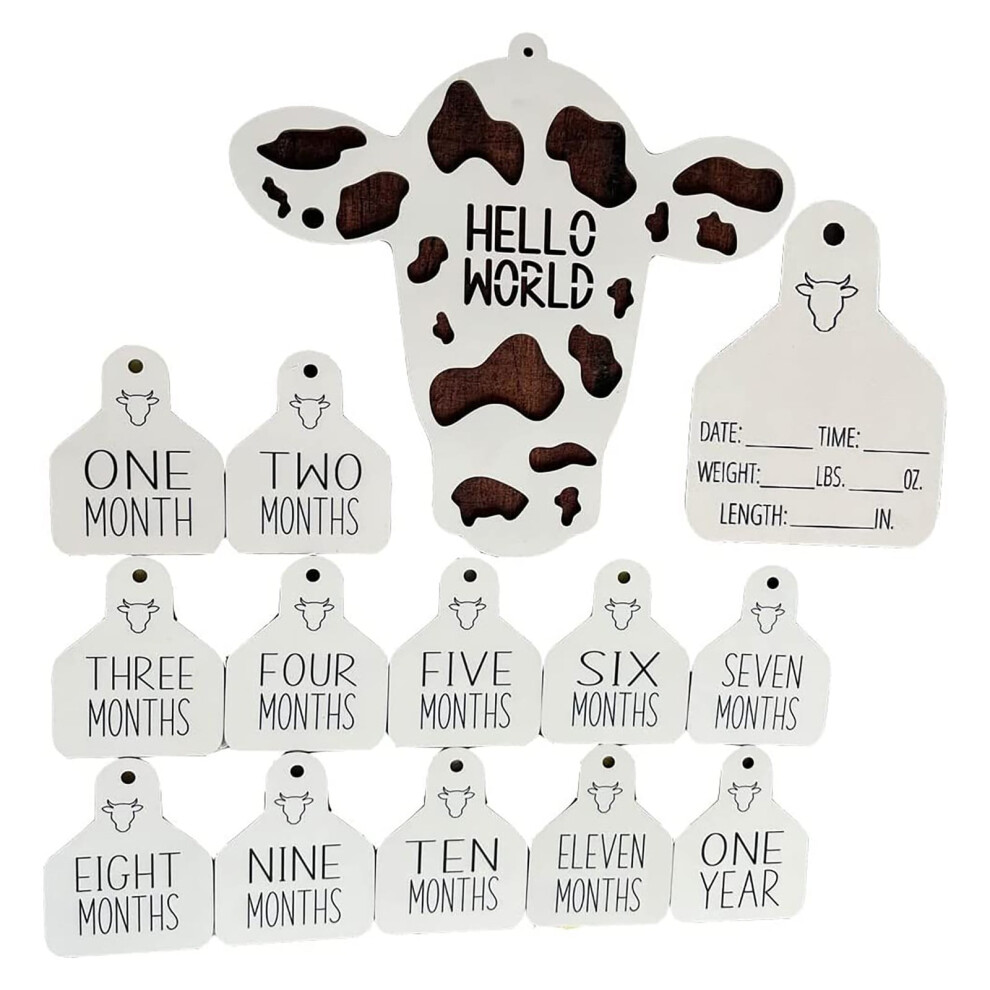Fnyoxu 14Pcs Wooden 3D Cow Themed Baby Monthly Markers Birth Announcement (White) White