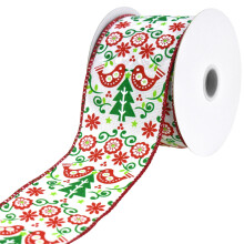 Homeford Weihnachtsbaum- und Vogel-Damastmuster-Band, 6,35 cm breit, 9,14 m lang, rot/weiß