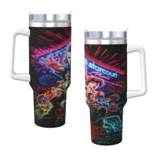 Bicchiere termico Stranger Things da 40 once con manico e coperchio con cannuccia, tazza isolante in acciaio inossidabile, borraccia da viaggio,