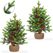 2-pack snöflockade minijulgranar med 30 varma ljus, timer, tallkottar, säckvävsbas - Inomhusdekorationer