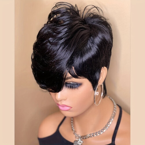 Περούκα Pixie Cut με αφέλειες Κοντή ίσια περούκα Συνθετική περούκα Φιλική για 2